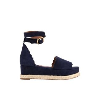 Chloe Espadrille Platform Wedge Sandals Scalloped Suede Ankle Strap Blue size 41
